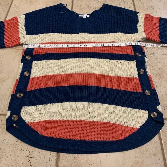 mySTYLE XL Striped V-Neck Sweater Navy Coral Cream Side Buttons Tunic Knit - Picture 4 of 5